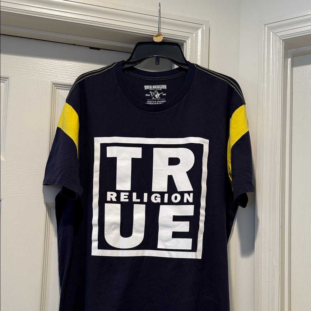Y2K Men XXL Rare Find True Religion Nostalgic Navy Retro Bold Football BeachTee
